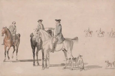 Le duc de Cumberland avec un gentleman et un palefrenier, tous montés, et des chiens